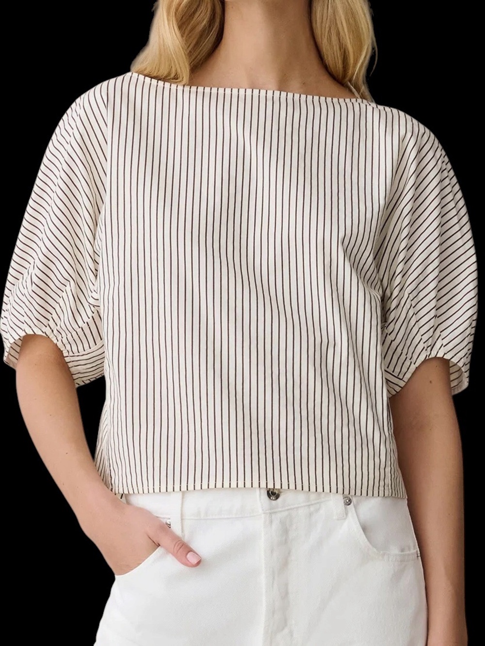 Few Moda Caara Winnie Top Boatneck Puff-Sleeve White Brown Stripe Cotton NWT